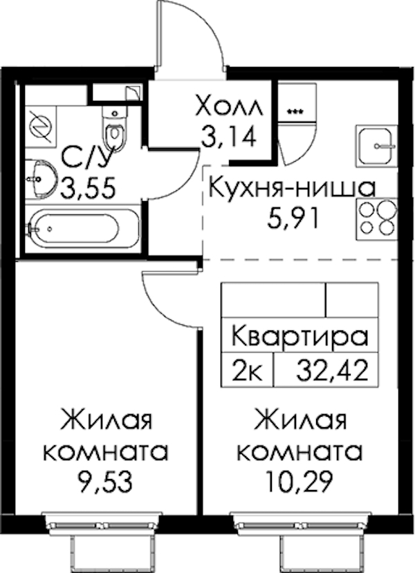 1-комнатная квартира 32.42 м², 8/15 эт., ЖК «Янинский лес»